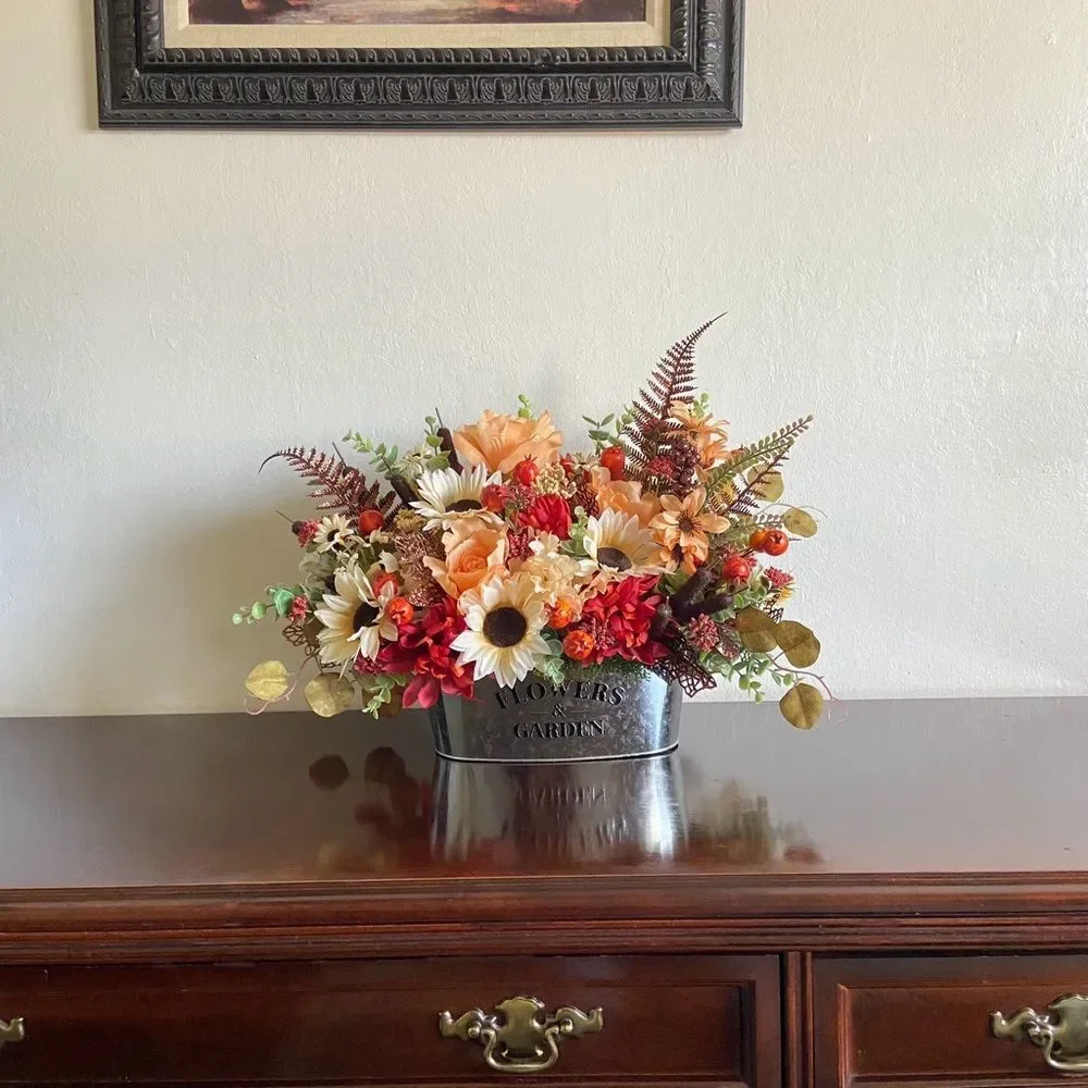 Faux Floral Bouquet With Peach Roses/Cream Sunflowers